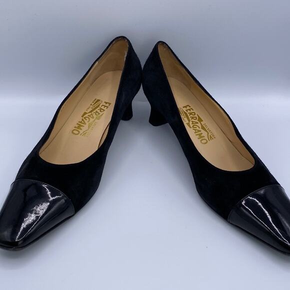 Salvatore Ferragamo Black Suede Patent Cap Square Toe Kitten Heel Pump 8 1/2 B - Picture 6 of 10